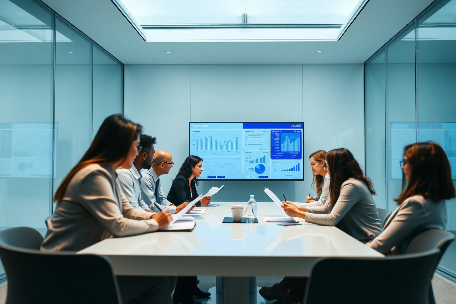 Réunion de direction moderne autour d'un tableau de bord de conformité