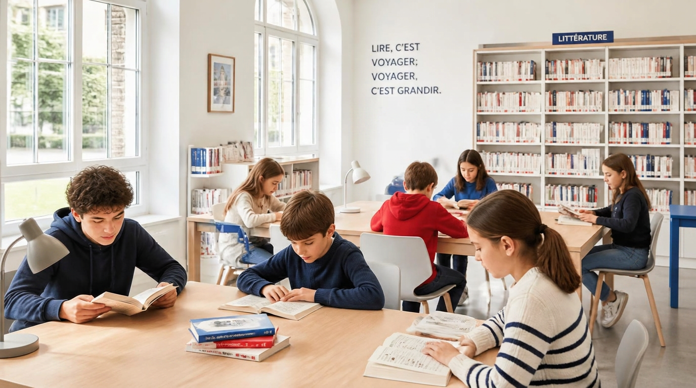 Enfants et adolescents lisant ensemble dans une bibliothèque