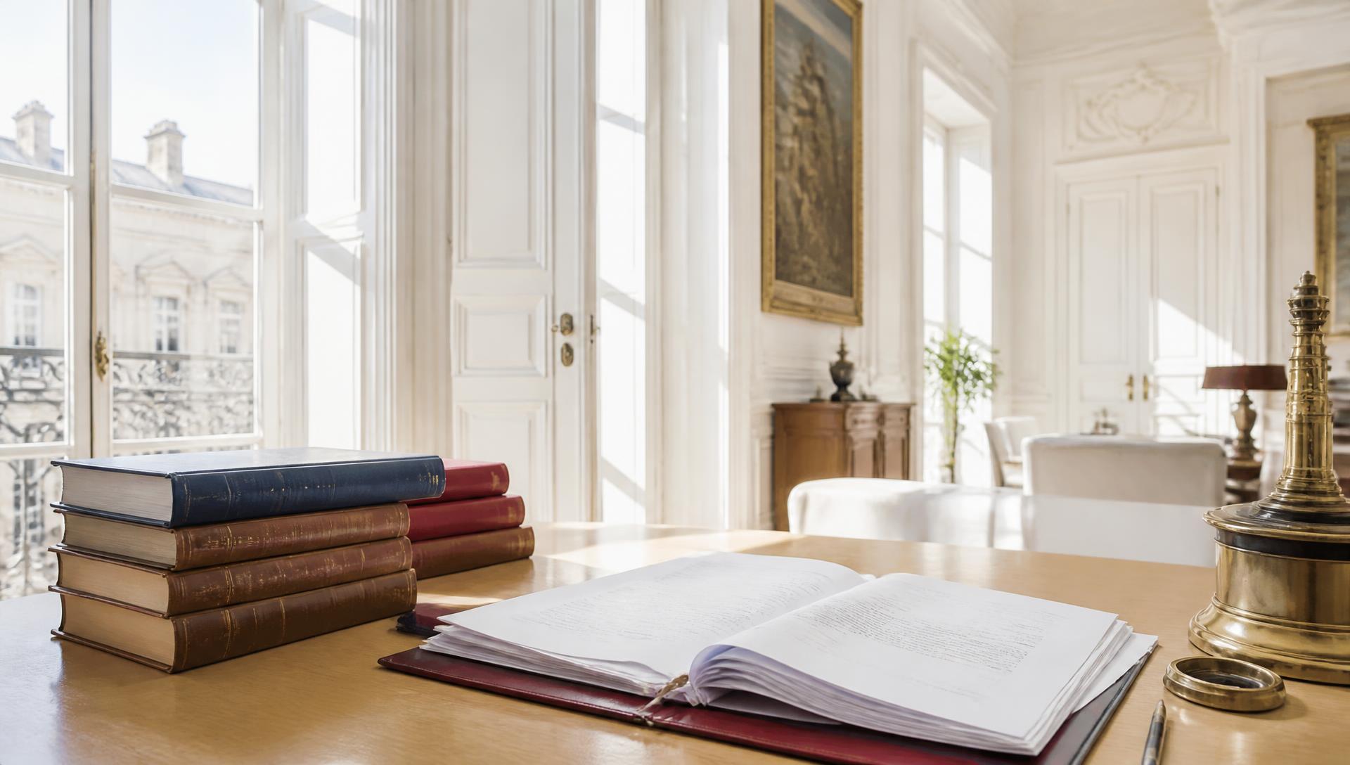 Bureau institutionnel français baigné de lumière avec des ouvrages juridiques
